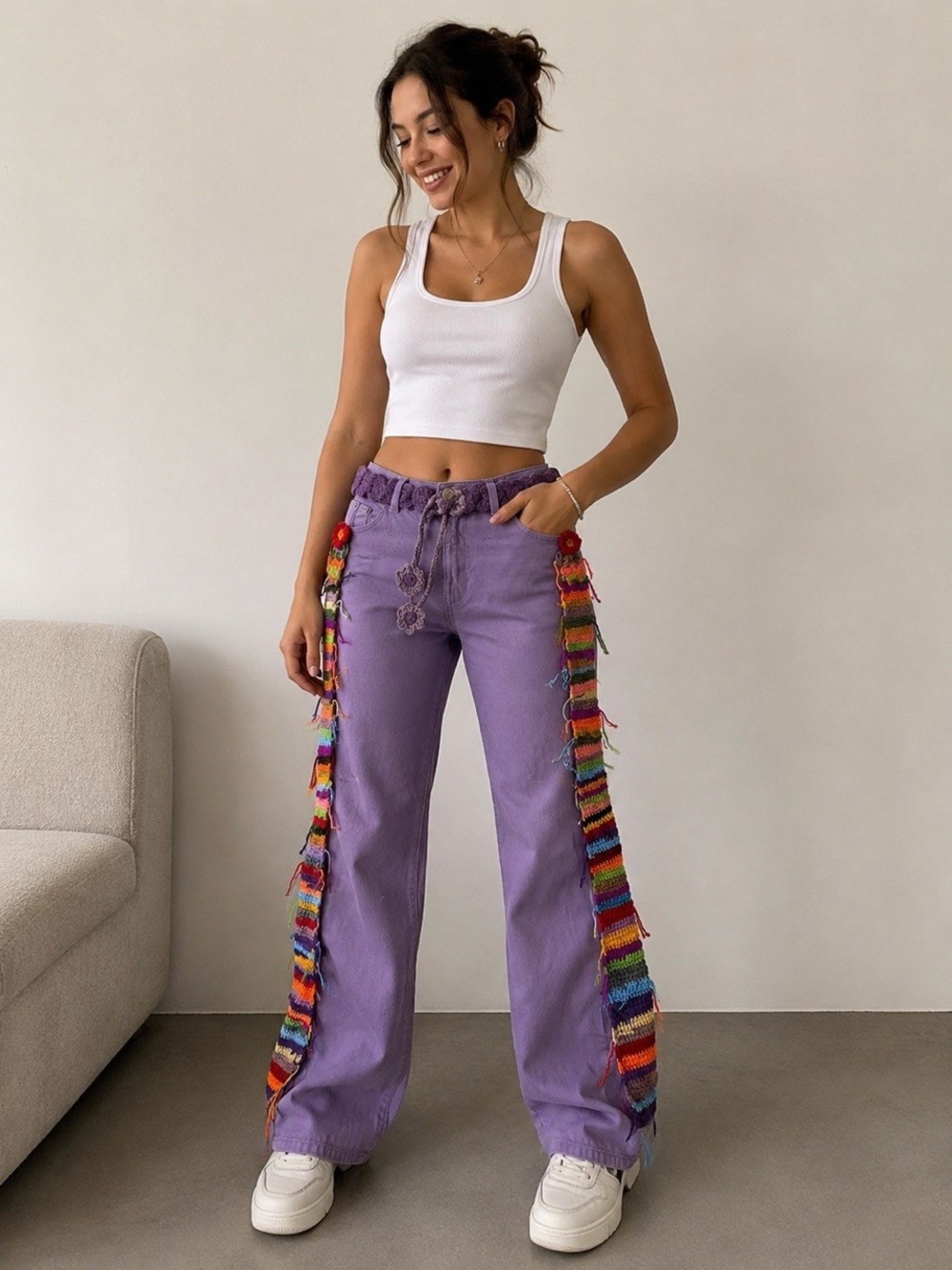 Purple Crochet-Trim Boyfriend Jeans - Brand